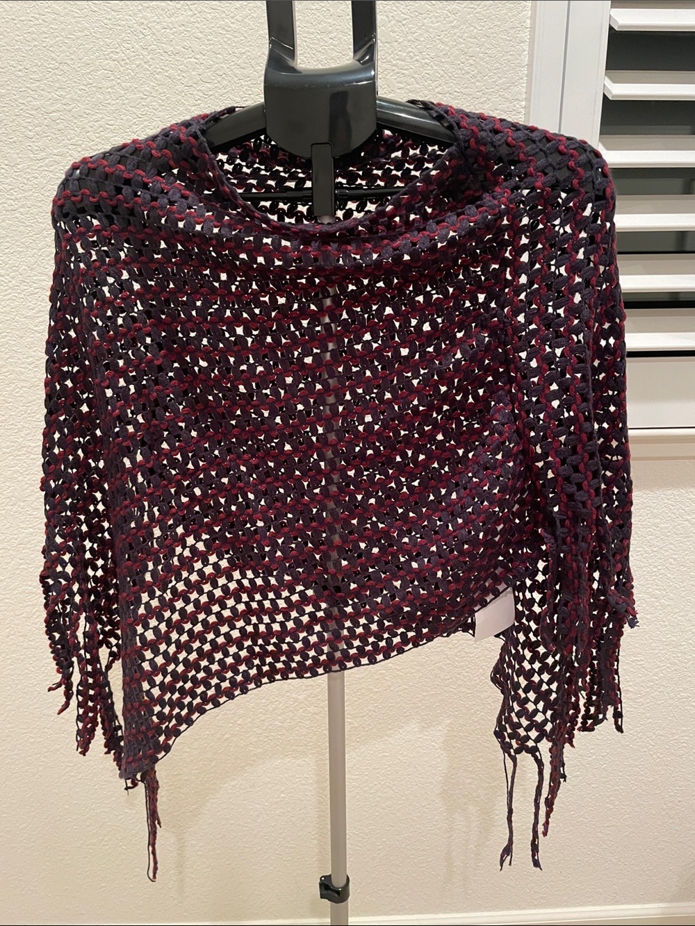 Open-Knit Fringe Poncho Sweater - Burgundy/Black